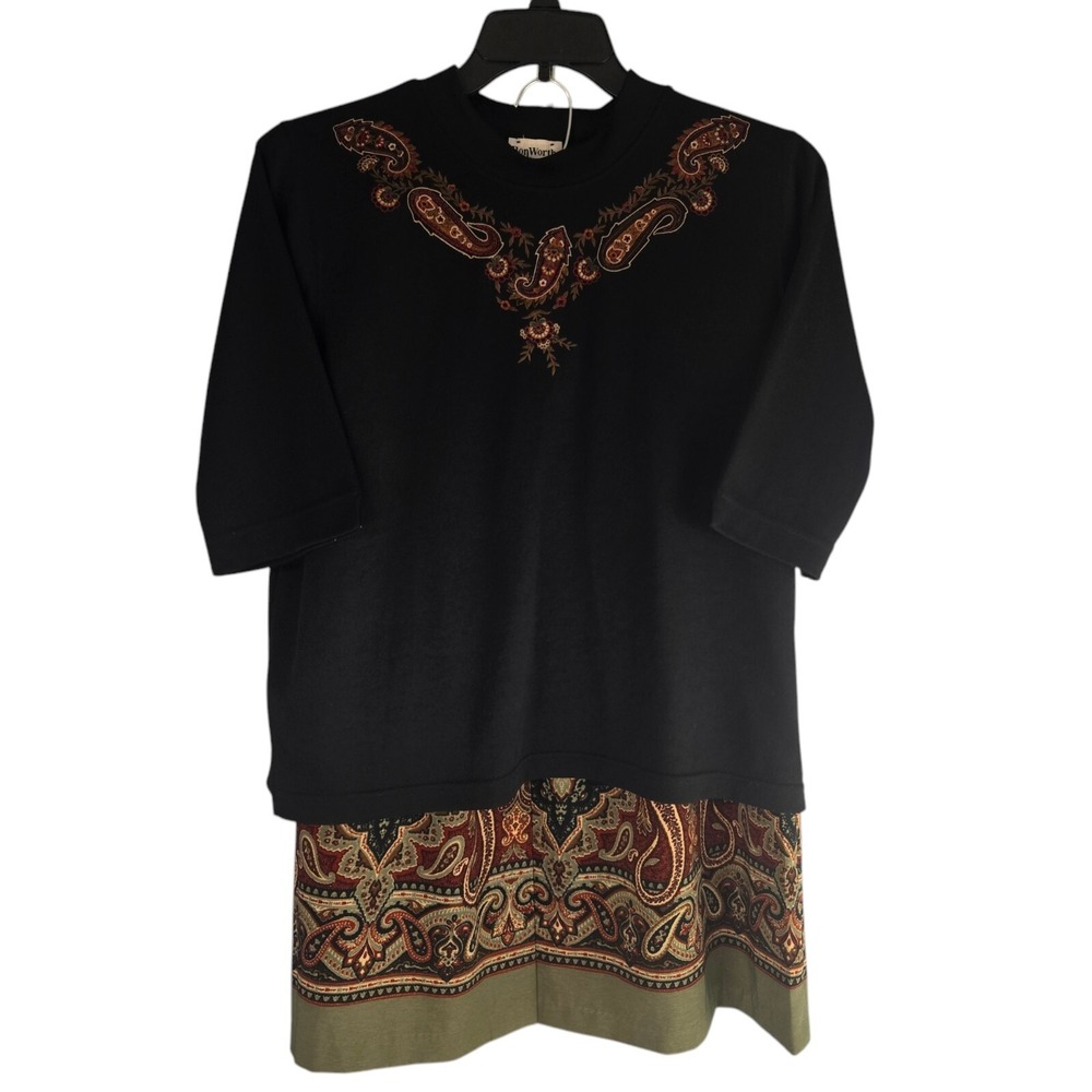 BonWorth Womens LP Black Paisley Embroidered Mock Neck Skirt Set